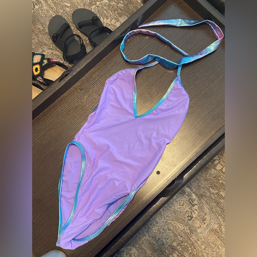 Purple Halter Swimsuit with Blue Trim